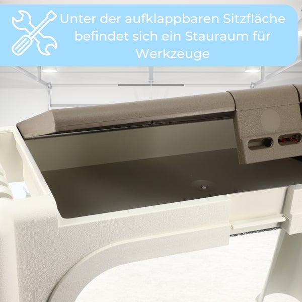 Werkbank mit aufklappbarer Sitzfläche und Stauraum für Werkzeuge