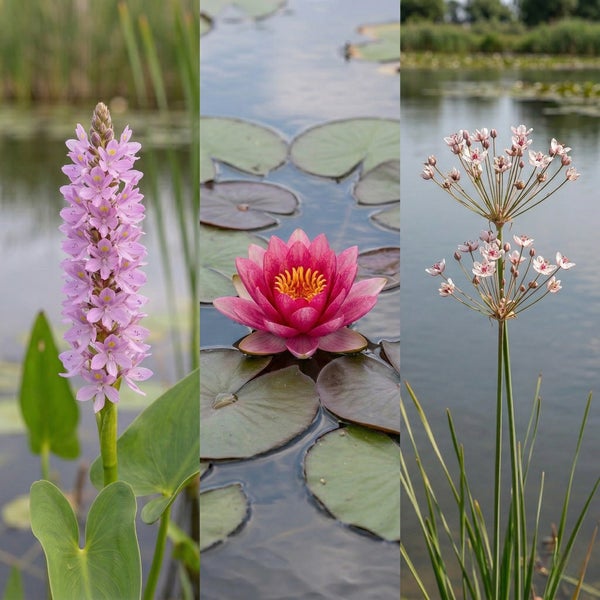 Collage aus Wasserpflanzen für den Gartenteich mit Hechtkraut, Seerose und Schwanenblume in ihrer natürlichen Umgebung am Wasser.