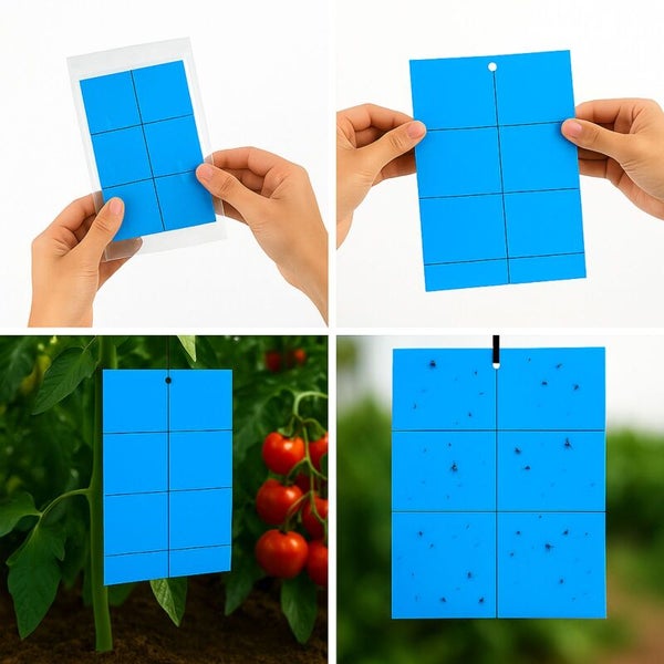 Mehrfachansicht einer blauen Insektenfalle mit Raster zum Aufhängen im Garten.