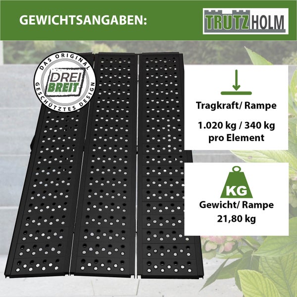 Trutzholm Auffahrrampen aus Metall mit Lochmuster und Informationen zu Tragkraft und Eigengewicht.
