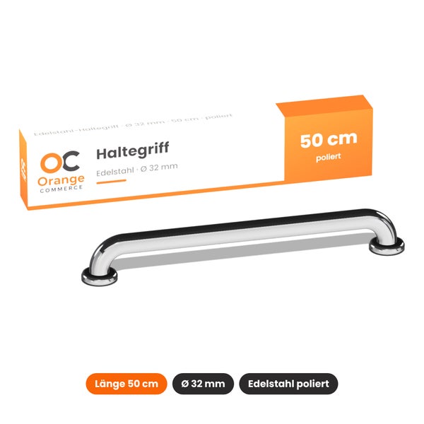 Haltegriff aus poliertem Edelstahl von Orange Commerce, 50 Zentimeter lang, 32 Millimeter Durchmesser, inklusive Verpackung.
