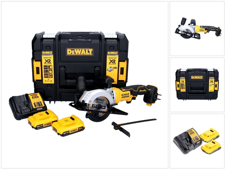 DeWalt Akku-Handkreissäge-Set mit zwei Akkus, Ladegerät, Parallelanschlag und Tstak Werkzeugkoffer.