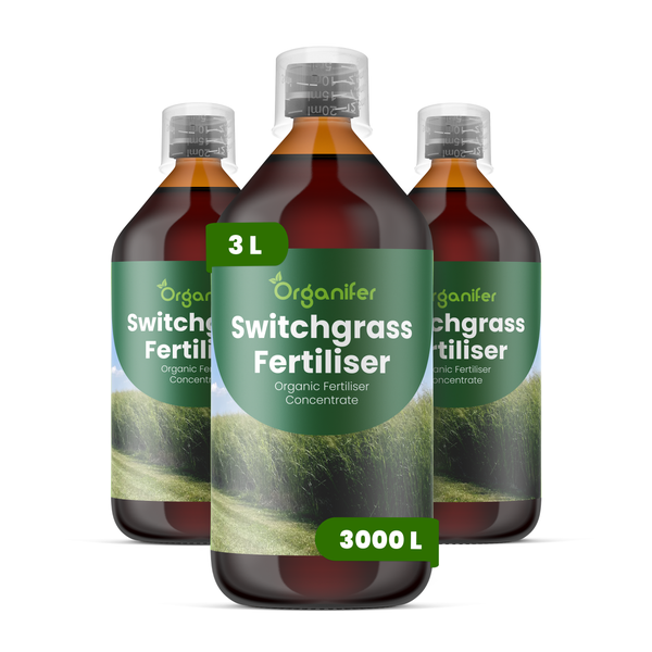 Drei Flaschen Organifer Rutenhirse-Dünger, 3 Liter, organisches Düngerkonzentrat.
