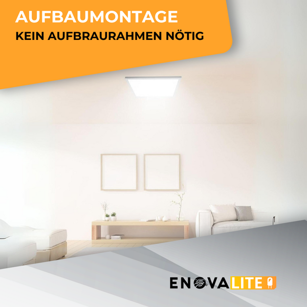 Deckenleuchte im Wohnzimmer, Aufbaumontage, kein Rahmen notwendig, EnovaLite Logo