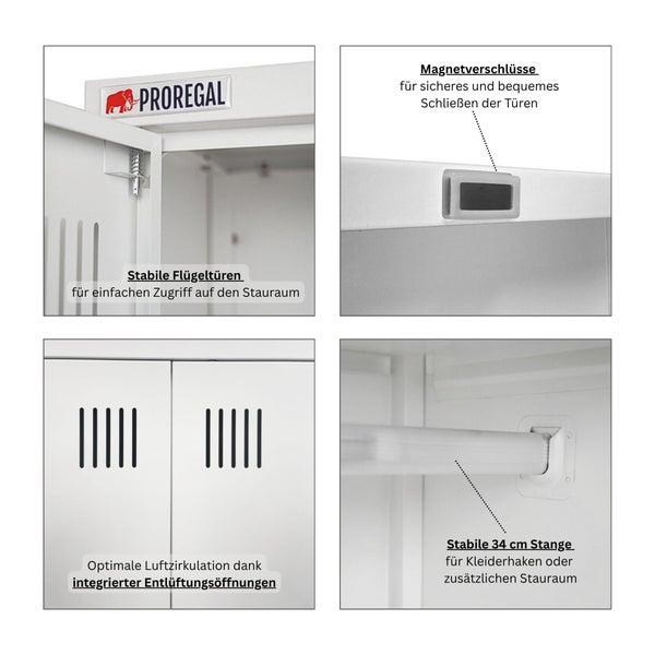 Proregal Stahlschrank Details: Flügeltüren, Magnetverschlüsse, Belüftungsöffnungen und 34 cm Stange