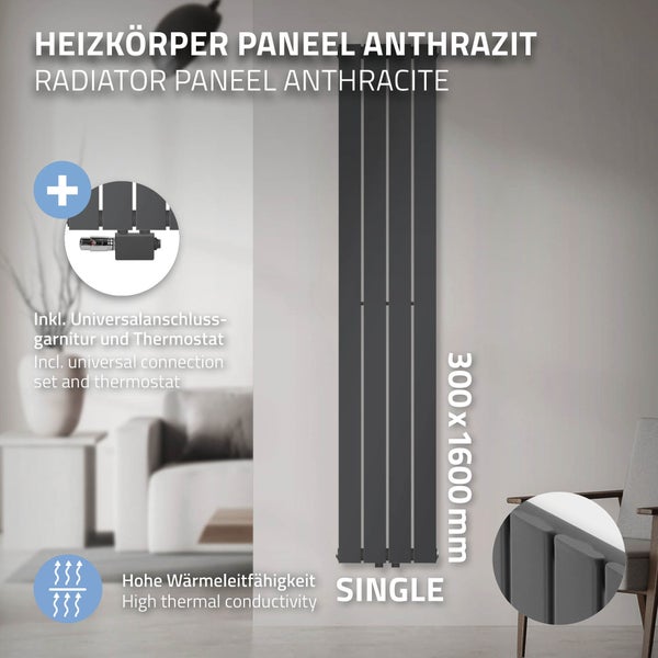 ML-Design Paneelheizkörper Einlagig 1600 x 300 mm Anthrazit Mittelanschluss Anschlussarmatur Universal Eck- Durchgangsform Multiblock Thermostat Badheizkörper Vertikal Designheizkörper Flachheizkörper