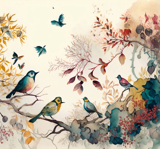 Aquarellbild mit Vögeln und floralen Elementen