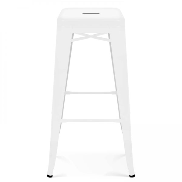Barhocker aus Metall in Weiß mit Griffloch in der Sitzfläche.