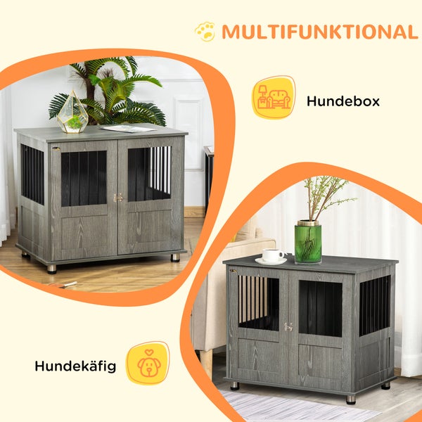 PawHut Hundekäfig für Zuhause, Haustierkäfig, Hundehütte Indoor mit Schloss, Magnettür, Hundehaus mit Fenster, Hundebox für klein und mittelgroße Hunde, Grau, 85 x 55 x 87 cm