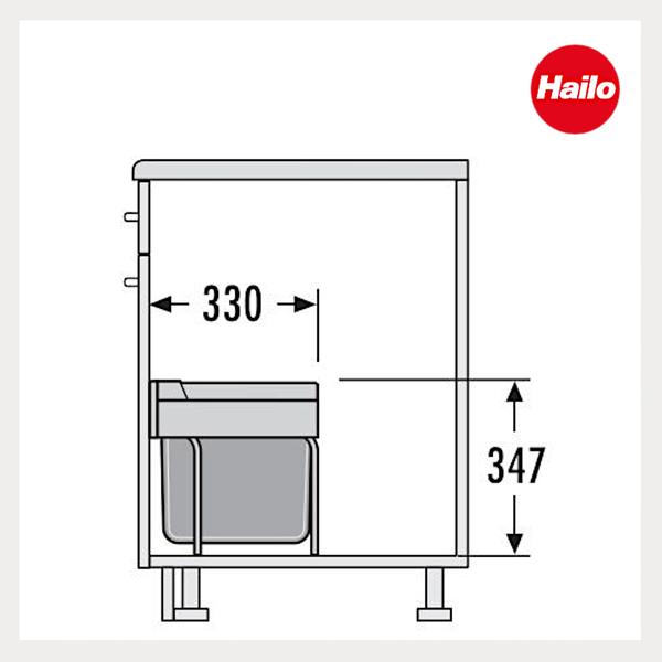 Technische Zeichnung eines Hailo Einbaumülleimers im Schrank mit Maßen 330 und 347. Hailo Logo.