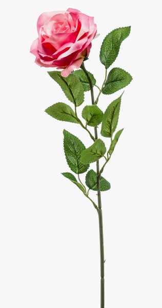 Künstliche rosa Rose mit einer Blüte und grünem beblättertem Stiel für die Dekoration.