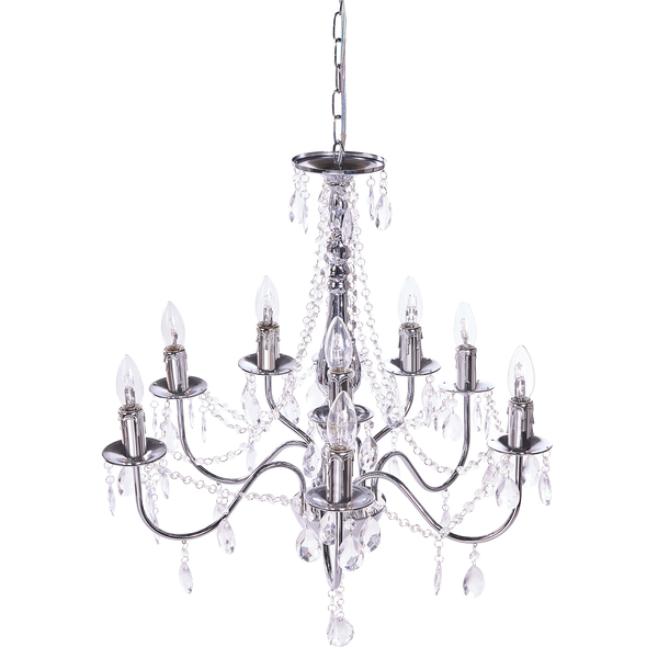 Klassischer Kronleuchter mit neun Lichtquellen und dekorativen Glasanhängern an geschwungenen Metallarmen für eine elegante Beleuchtung.