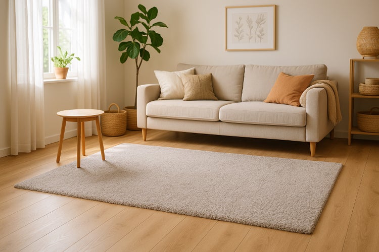 Helles, modern eingerichtetes Wohnzimmer mit einem beigen Sofa, Holztisch, Zimmerpflanze und einem großen, flauschigen Wohnzimmerteppich.
