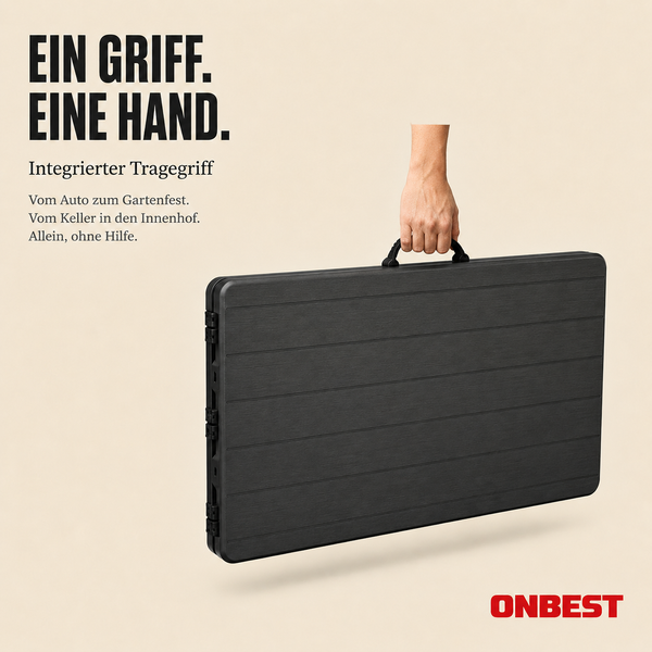 Zusammengeklappter Tisch mit integriertem Tragegriff, von einer Hand gehalten. ONBEST Logo.