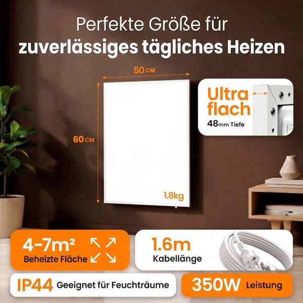 Infrarotheizung mit 350 Watt, 60 mal 50 Zentimeter, 48 Millimeter Tiefe, geeignet für Feuchträume, inklusive Kabel mit 1,6 Meter Länge.