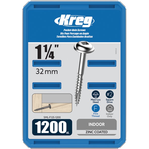 Kreg Logo, 500 Stück Taschenlochschrauben mit Grobgewinde, 32 Millimeter Länge, verzinkt, Maxi-Loc Kopf, Vierkantantrieb, für Innenräume.