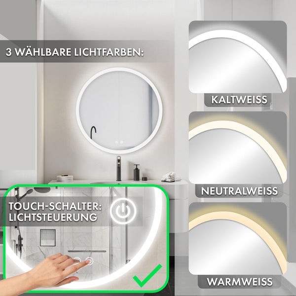 Floordirekt Badspiegel Liora mit LED-Beleuchtung Touch-Bedienung Weiß Ø 60 cm
