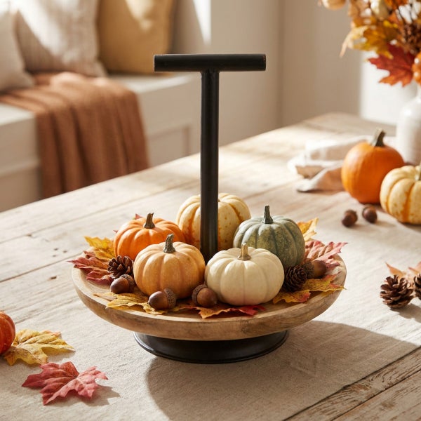Herbstliche Tischdekoration mit kleinen Zierkürbissen und Ahornblättern auf einem runden Holzteller mit schwarzem Metallgriff auf einem Holztisch.