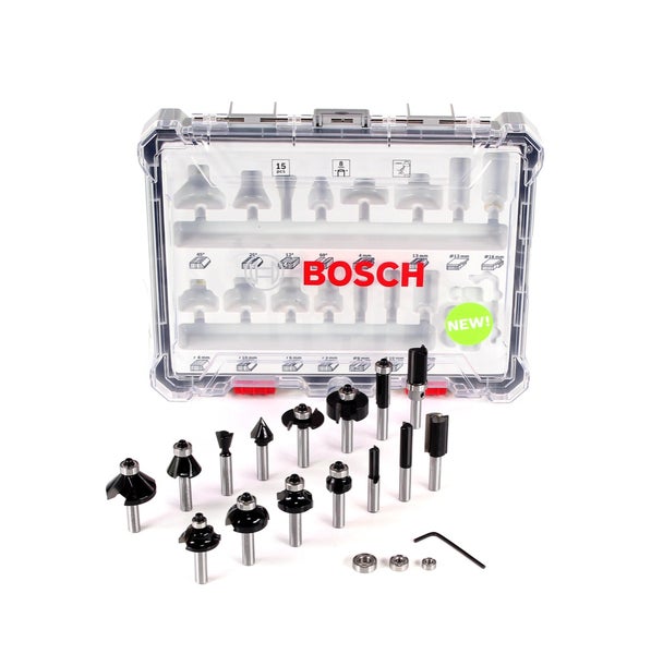 Bosch Oberfräser Set 15-teilig mit 8 Millimeter Schaft in transparenter Aufbewahrungsbox mit Zubehör wie Innensechskantschlüssel und Lagern.