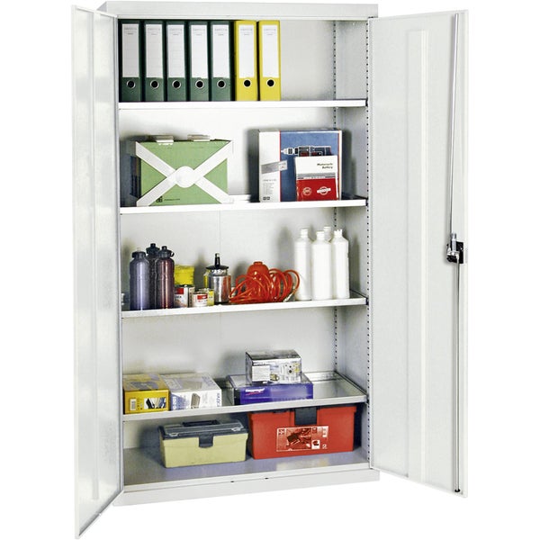 Offener Metallschrank mit Flügeltüren und fünf Fachböden, bestückt mit Ordnern, Kartons und Werkzeugkoffern.