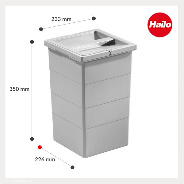 Grauer Hailo Abfalleimer mit Deckel, Maße 350 Millimeter Höhe, 233 Millimeter Breite, 226 Millimeter Tiefe, Hailo Logo.