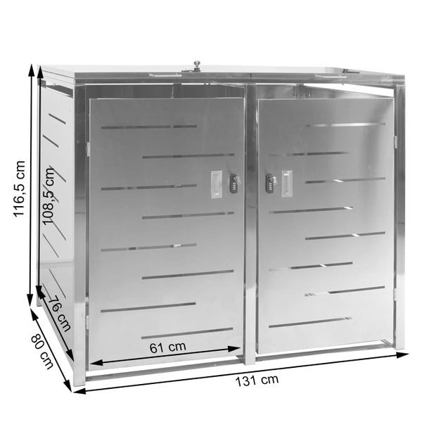 Mülltonnenbox aus Edelstahl für zwei Tonnen, Maße 116,5 Zentimeter Höhe, 131 Zentimeter Breite und 80 Zentimeter Tiefe.