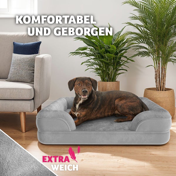 Hund liegt in einem grauen Hundebett in einem hellen Wohnraum