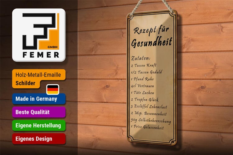 Blechschild Spruch 10x27cm Rezept für Gesundheit 2 Tassen Dekoration