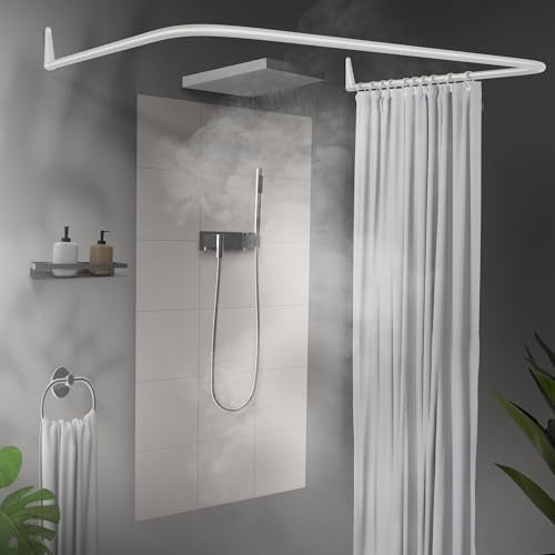 Erica Winkelstange Dusche 85x95x85 cm, Winkelstange, Duschvorhangstange ohne Bohren, Weiß Pulverbeschichteter Stahl, 100% Rostfrei