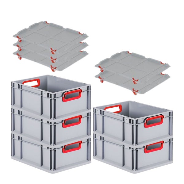 PROREGAL Spar Set 5x Eurobox Nextgen Color Mit Auflagedeckel & Schiebeschnappverschlüsse HxBxT 17 x 30 x 40 cm Griffe Rot Offen Glatter Boden