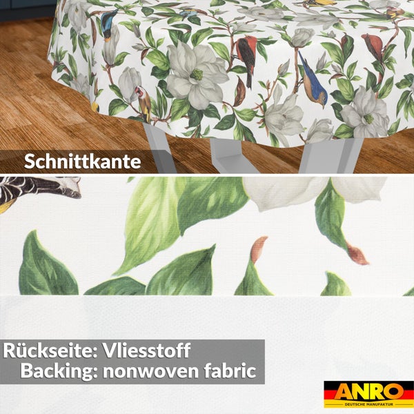 Wachstuch-Tischdecke mit Blumen- und Vogelmuster, Vlies-Rückseite und Detail der Schnittkante, ANRO Logo.
