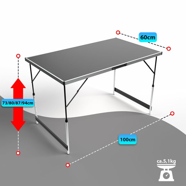 Klappbarer Campingtisch mit höhenverstellbarem Aluminiumgestell, Maße 100 mal 60 Zentimeter, Gewicht circa 5,1 Kilogramm