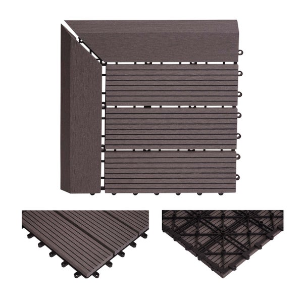 Terrassenfliese aus Holz-Kunststoff-Verbundwerkstoff mit Klicksystem, geriffelter Oberfläche, Abschlusskanten und Detailansicht der Unterseite.