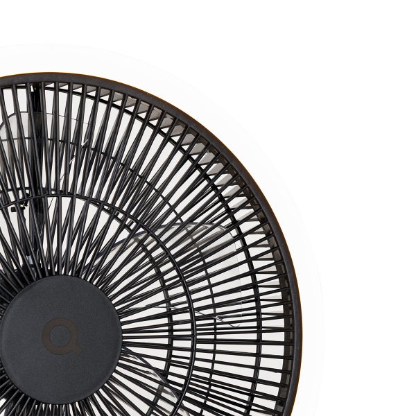 Deckenventilator mit Licht, schwarzes Schutzgitter, transparente Flügel und LED Leuchtring.