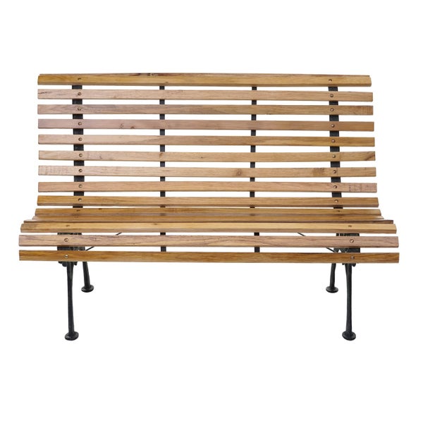 Gartenbank aus Holzlatten mit Metallgestell und Rückenlehne.
