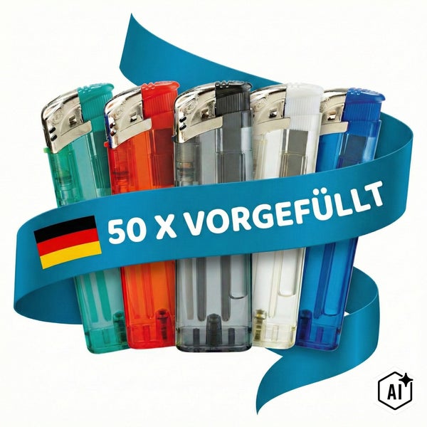 Set mit 50 vorgefüllten Einwegfeuerzeugen in verschiedenen Ausführungen.