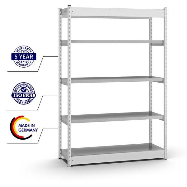 PROREGAL Fachbodenregal Stecksystem Vierkant-Profil Grundregal HxBxT 200 x 102,5 x 80 cm 5 Ebenen Einseitige Bauart Fachlast 200 kg Lichtgrau