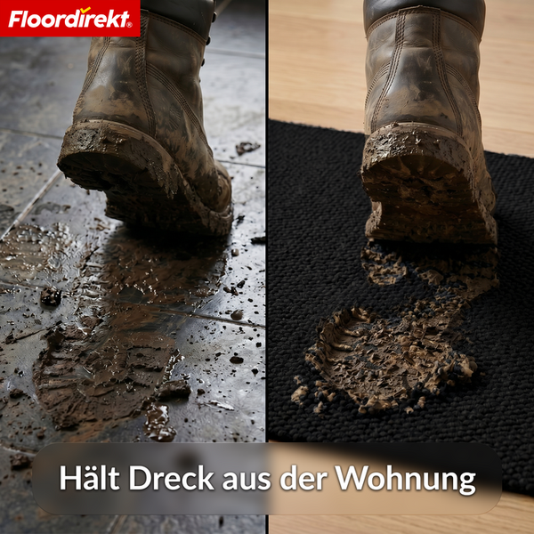 Floordirekt Logo. Vergleich eines schlammigen Stiefels auf Fliesen und einer Schmutzfangmatte, die Schmutz aus der Wohnung fernhält.