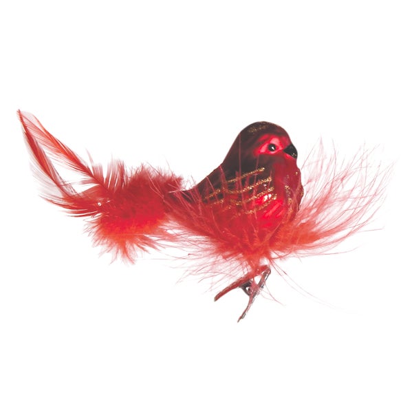 Rot matt 15cm Glasvogel auf Clip mit Federschwanz im Federnest mundgeblasen und handdekoriert, 1 Stck.