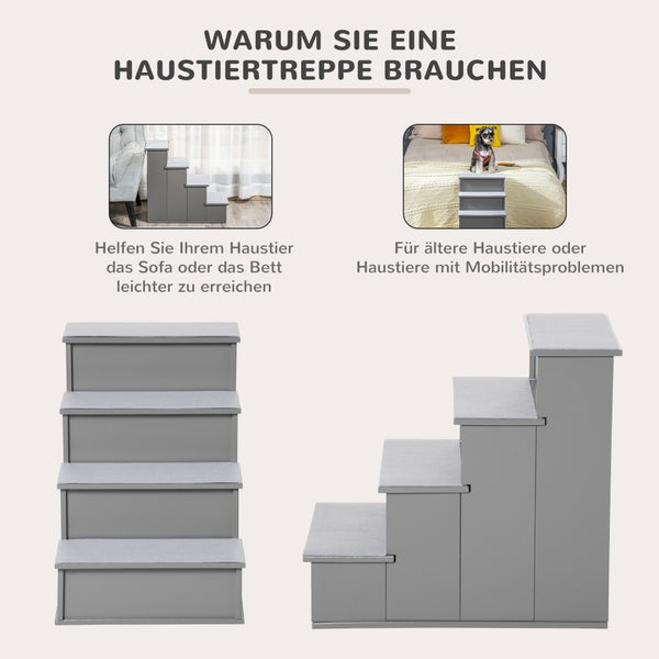 PawHut Hundetreppe 4 Stufen 54.2 cm Hoch, Haustiertreppe für Kleine Hunde Katzentreppe mit rutschfester Matte, Einstiegshilfe Haustierleiter für Bett, Sofa und Couch, Grau