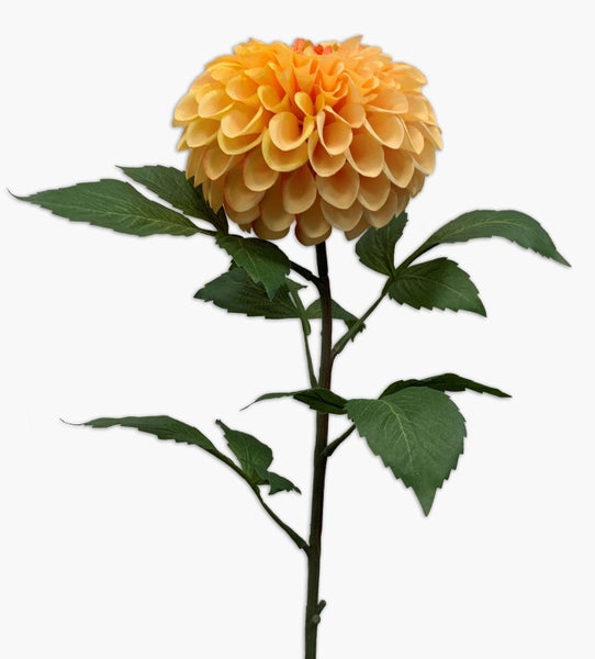 Künstliche Dahlie in Orange mit detailgetreuer Blüte, Stiel und grünen Blättern.