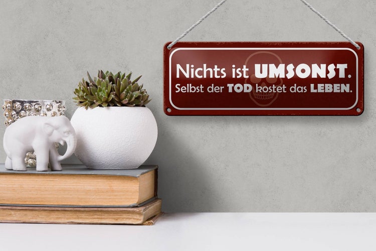 Blechschild Spruch 27x10cm nichts ist umsonst Tod kostet Dekoration