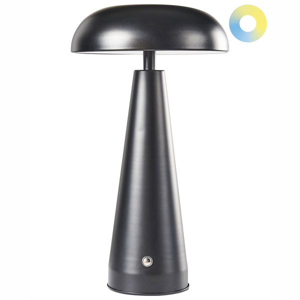 LED-Tischleuchte in Schwarz mit pilzförmigem Lampenschirm und konischem Sockel, inklusive Funktion zur Einstellung der Farbtemperatur.