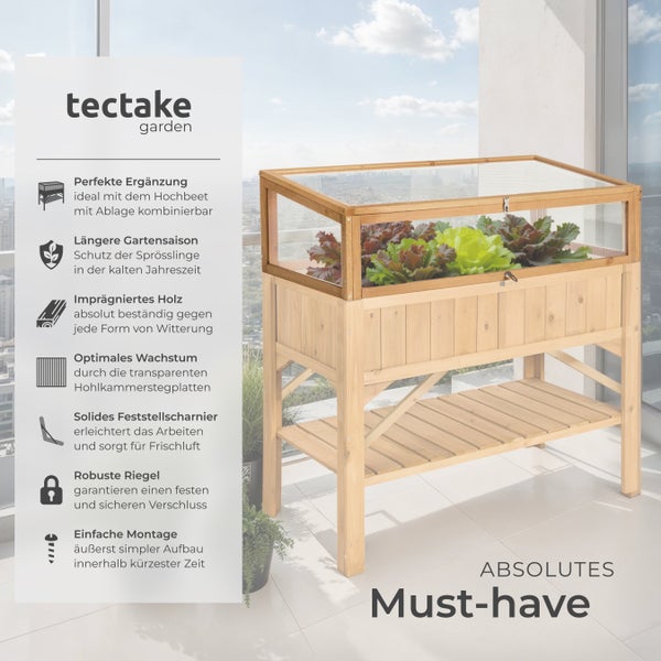 Hochbeet aus Holz mit transparentem Deckel und Ablage von tectake garden