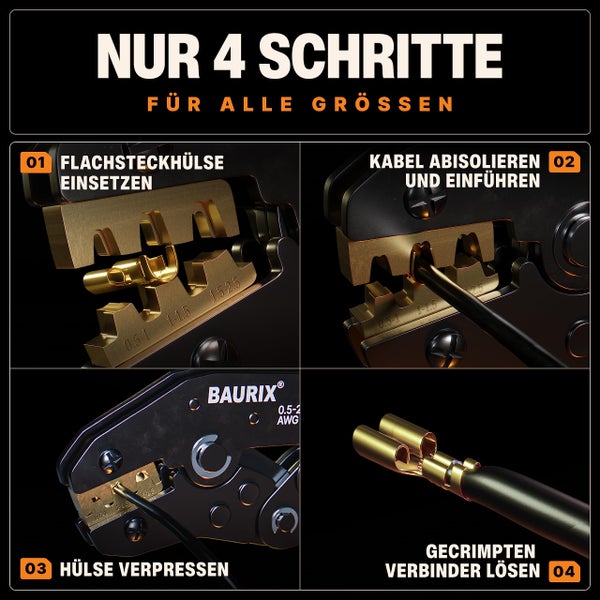 BAURIX® Crimpzange I Krimpzange für 0,50-2,50 mm² Steckverbinder I Crimpzange einzeln I Crimp Zange I Flachsteckhülsenzange I Crimpwerkzeug