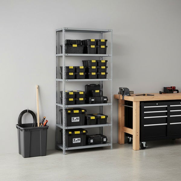 Organisierte Werkstatt mit grauem Metallregal, fünf Böden, schwarzen Kunststoff-Lagerboxen und einer Holzwerkbank mit Schraubstock.