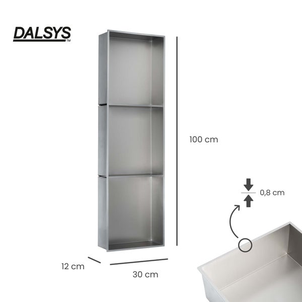 DALSYS Wandnische aus Edelstahl, drei Fächer, 100 Zentimeter hoch, 30 Zentimeter breit, 12 Zentimeter tief, 0,8 Zentimeter Rand, DALSYS Logo.