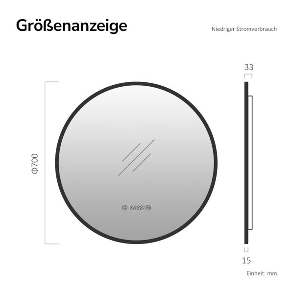 Technische Zeichnung eines runden Badezimmerspiegels mit Maßen. Durchmesser 700 Millimeter, Gesamttiefe 33 Millimeter, Glasdicke 15 Millimeter.