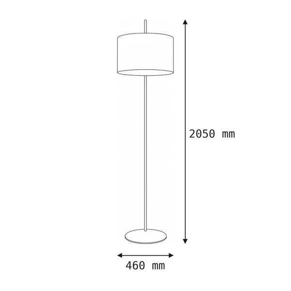 Strichzeichnung einer Stehleuchte mit den Maßen 2050 Millimeter Höhe und 460 Millimeter Durchmesser.