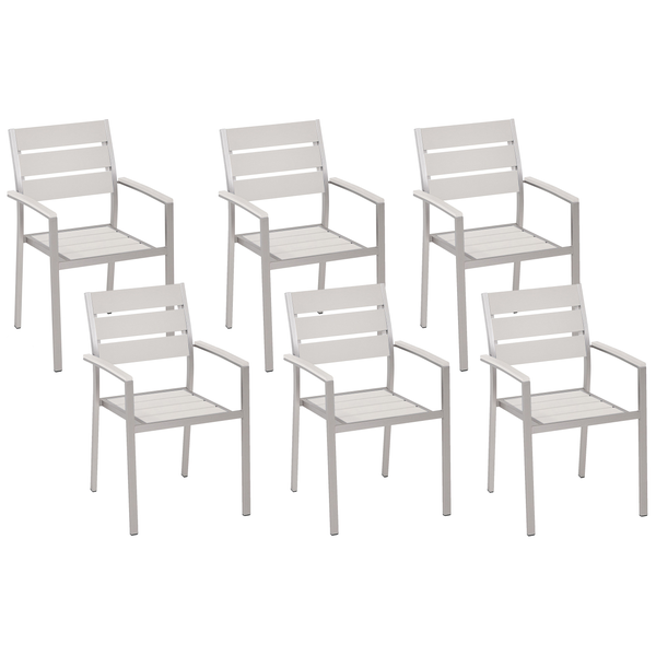 Sechs Gartenstühle mit Armlehnen, Sitz- und Rückenfläche mit schmalen Latten